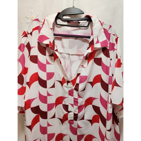 BLOOMCHIC WOMENS 26 4X WHITE PINK BLOUSE GEOMETRIC RETRO V-NECK STYLISH ABSTRACT - Picture 6 of 13